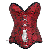 Red Brocade Curvy Design Front Ribbon Steampunk Gothic Overbust Corset